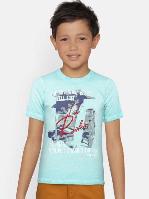

Lee Cooper Boys Turquoise Blue Printed Round Neck Pure Cotton T-shirt