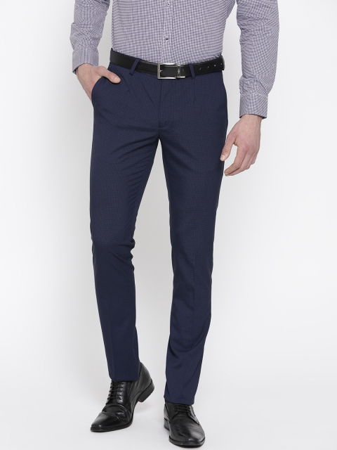 

Blackberrys Men Navy Blue Sharp Regular Fit Checked Formal Trousers
