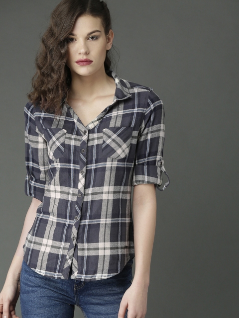 

Roadster Women Navy Blue & Grey Slim Fit Checked Shirt