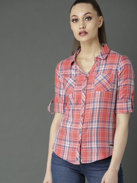 

Roadster Women Pink & Blue Slim Fit Checked Shirt