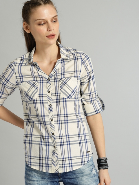 

Roadster Women Cream-Coloured & Blue Regular Fit Checked Casual Shirt