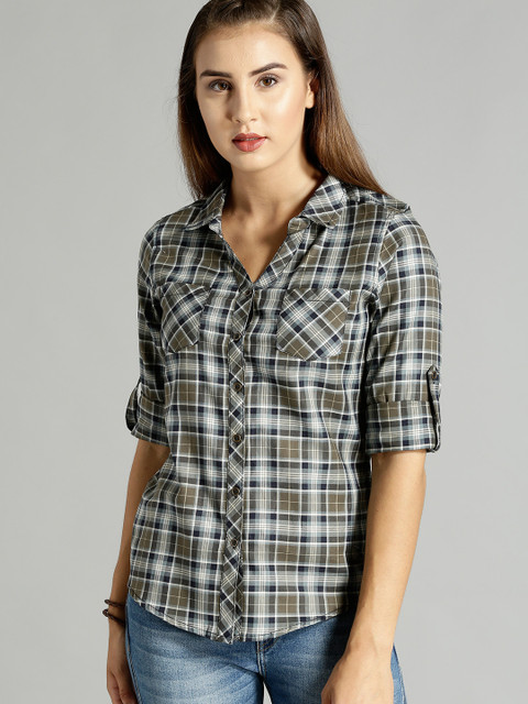 

Roadster Women Olive Green & Navy Blue Slim Fit Checked Casual Shirt