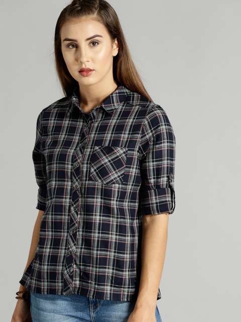 

Roadster Women Navy Blue & Grey Regular Fit Checked Casual Shirt