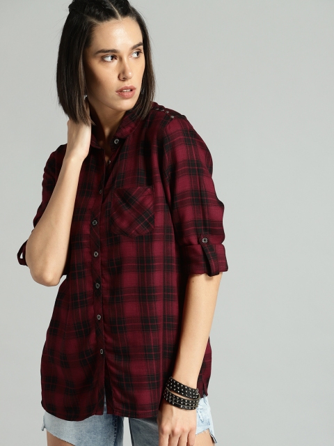 

Roadster Women Maroon & Black Regular Fit Checked Casual Shirt
