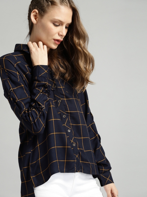 

Roadster Women Navy Blue & Mustard Yellow Regular Fit Checked Casual Shirt