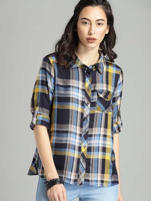 

Roadster Women Navy Blue & Yellow Regular Fit Checked Casual Shirt