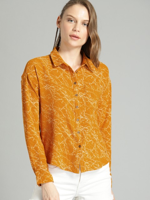 

Roadster Women Mustard Yellow & White Regular Fit Printed Casual Shirt
