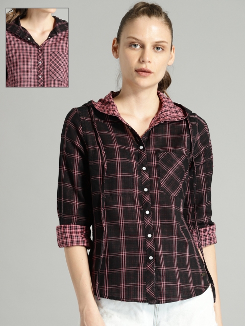

Roadster Women Pink & Black Regular Fit Reversible Checked Casual Shirt
