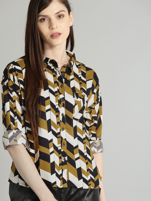 

Roadster Women Olive Green & White Regular Fit Printed Casual Shirt