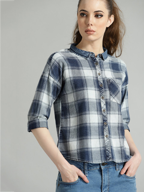 

Roadster Women Navy Blue & Grey Regular Fit Checked Casual Shirt