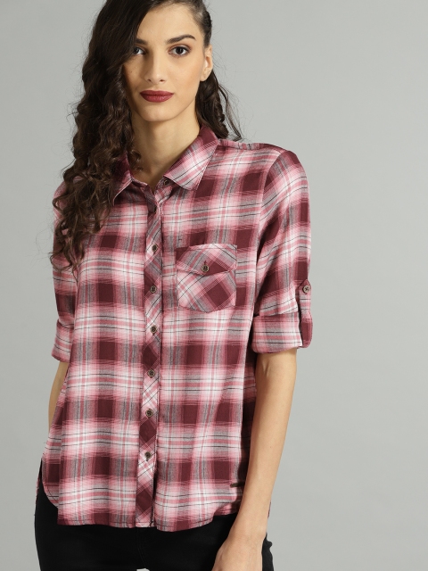 

Roadster Women Pink & Burgundy Regular Fit Checked Casual Shirt