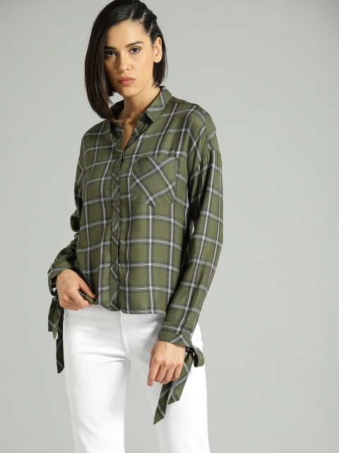 

Roadster Women Olive Green & White Regular Fit Checked Casual Shirt