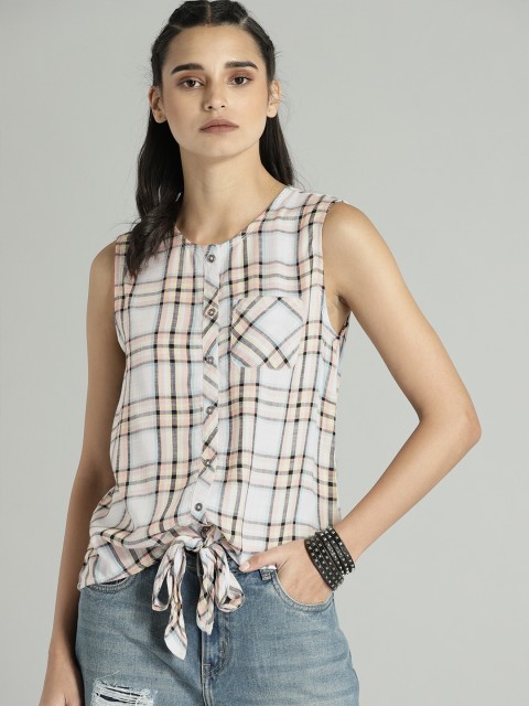 

Roadster Women Off-White Checked Shirt Style Top