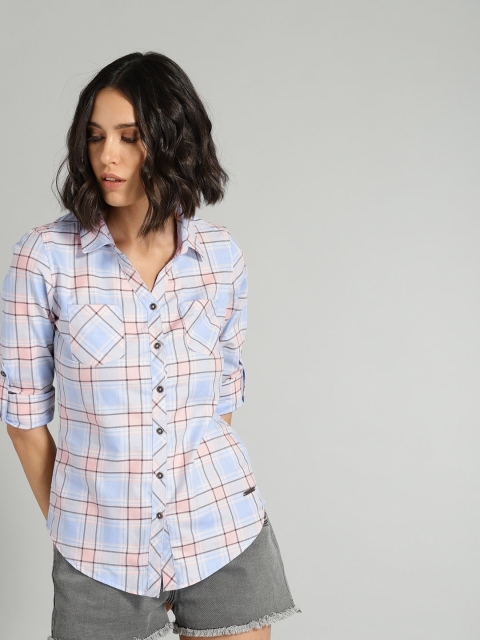 

Roadster Women Blue & Pink Regular Fit Checked Casual Shirt