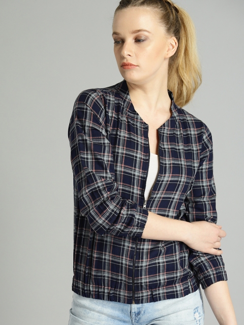 

Roadster Women Navy Blue & Grey Regular Fit Checked Shacket