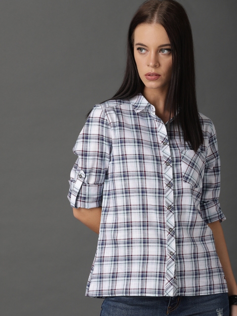 

Roadster Women White & Blue Regular Fit Checked Casual Shirt with Back Detail
