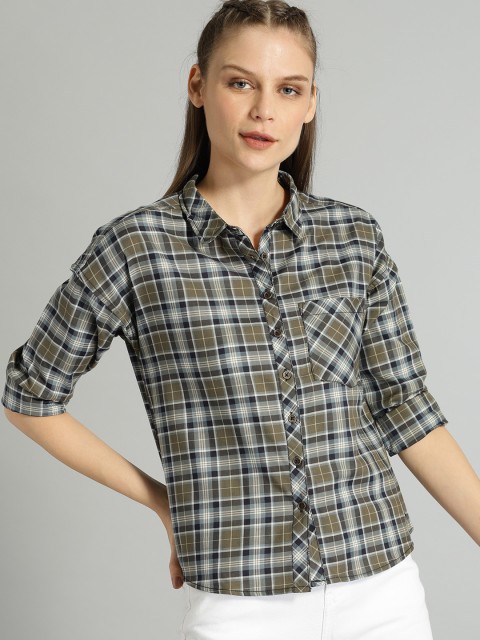 

Roadster Women Olive Green & White Regular Fit Checked Casual Shirt