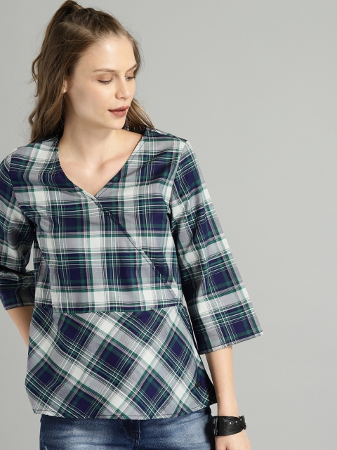 

Roadster Women Grey & Navy Blue Checked A-Line Pure Cotton Top