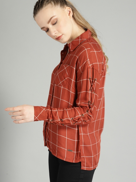

Roadster Women Rust Orange & Off-White Regular Fit Checked Casual Shirt