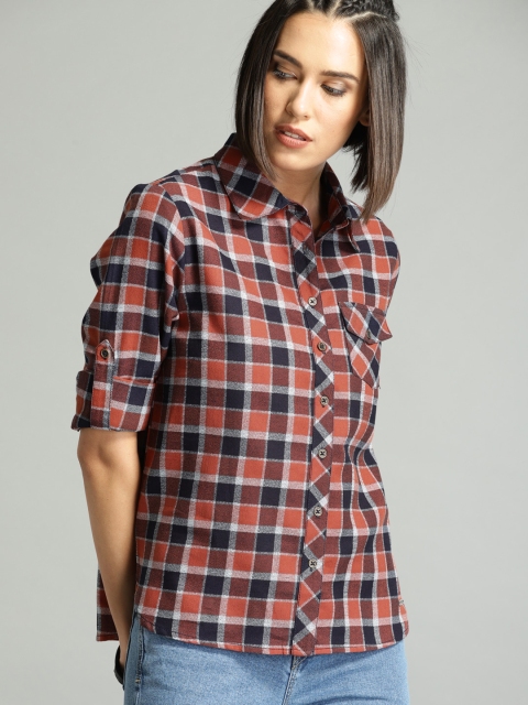 

Roadster Women Navy Blue & Rust Regular Fit Checked Casual Shirt