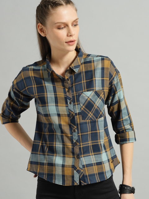 

Roadster Women Yellow & Navy Blue Regular Fit Checked Casual Shirt