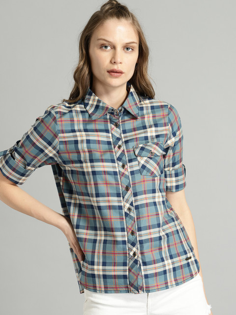 

Roadster Women Teal & Navy Blue Regular Fit Checked Casual Shirt