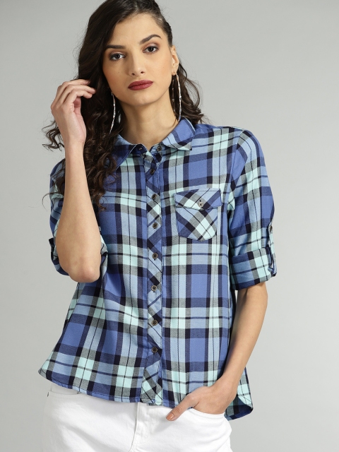 

Roadster Women Blue & Green Regular Fit Checked Casual Shirt