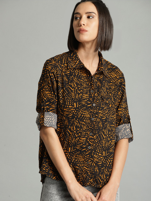 

Roadster Women Black & Yellow Regular Fit Printed Casual Shirt