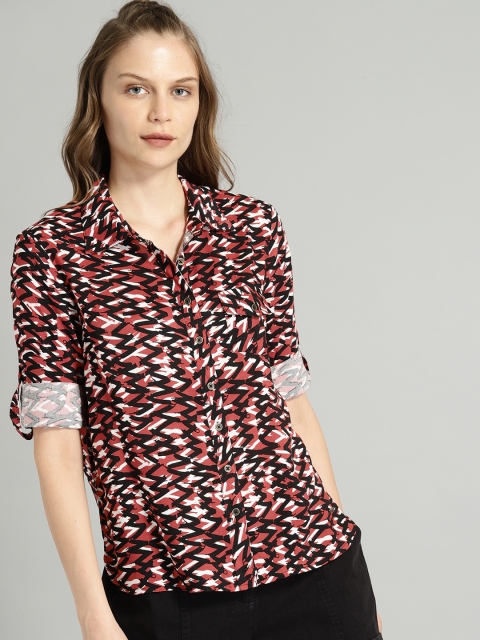 

Roadster Women Black & Rust Red Regular Fit Printed Casual Shirt