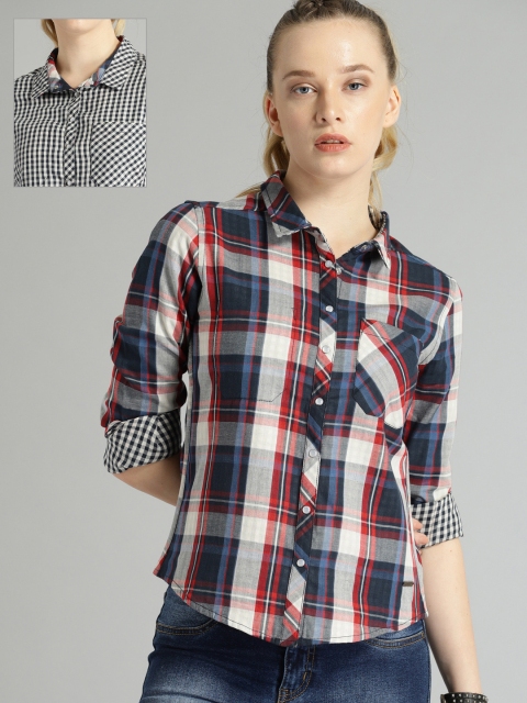 

Roadster Women Navy Blue & Red Regular Fit Checked Casual Reversible Shirt