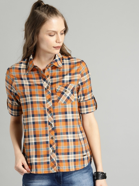 

Roadster Women Orange & Blue Regular Fit Checked Casual Shirt