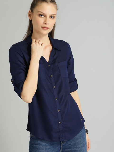 

Roadster Women Navy Blue Regular Fit Solid Casual Shirt