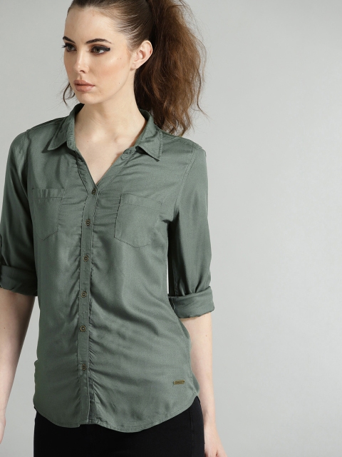 

Roadster Women Olive Green Regular Fit Solid Casual Shirt