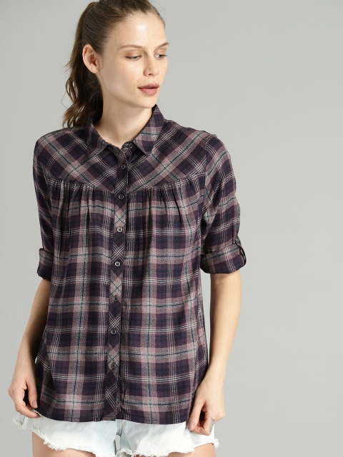 

Roadster Women Burgundy & Pink Regular Fit Checked Casual Shirt