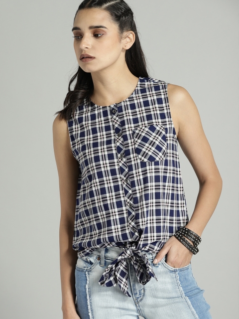 

Roadster Women Navy Blue Checked Shirt Style Pure Cotton Top