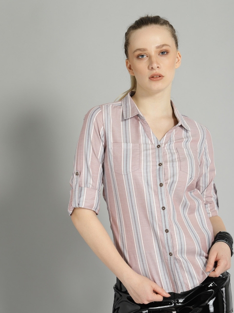 

Roadster Women Brown & Blue Regular Fit Striped Casual Shirt, Pink
