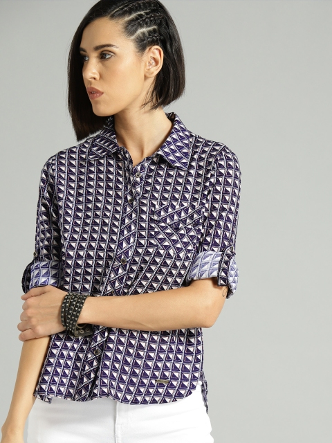 

Roadster Women Navy & White Regular Fit Printed Casual Shirt