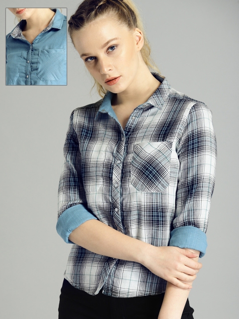 

Roadster Women Blue & White Regular Fit Checked Reversible Casual Shirt