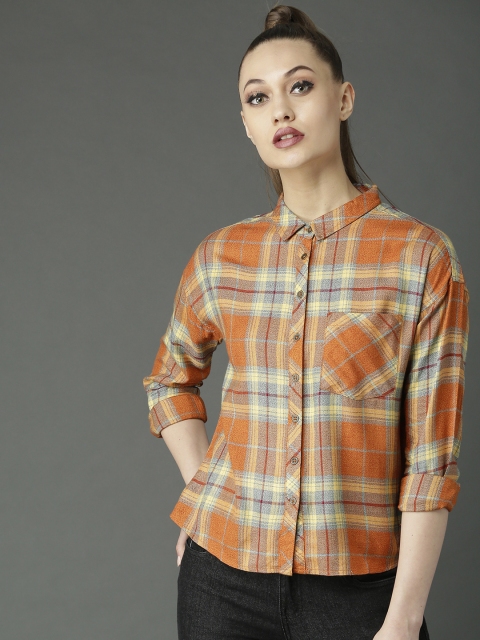 

Roadster Women Rust Orange & Beige Slim Fit Checked Shirt