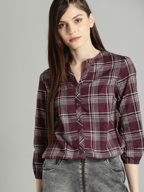 

Roadster Women Burgundy & Peach-Coloured Checked Shirt Style Pure Cotton Top