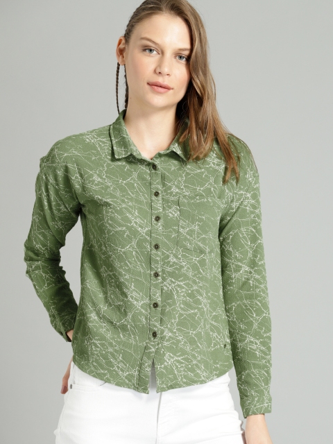 

Roadster Women Green & White Regular Fit Printed Casual Shirt