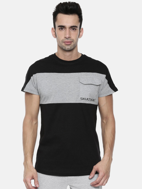 

SKULT by Shahid Kapoor Men Black And Grey Melange Colourblocked Round Neck Pure Cotton T-shirt