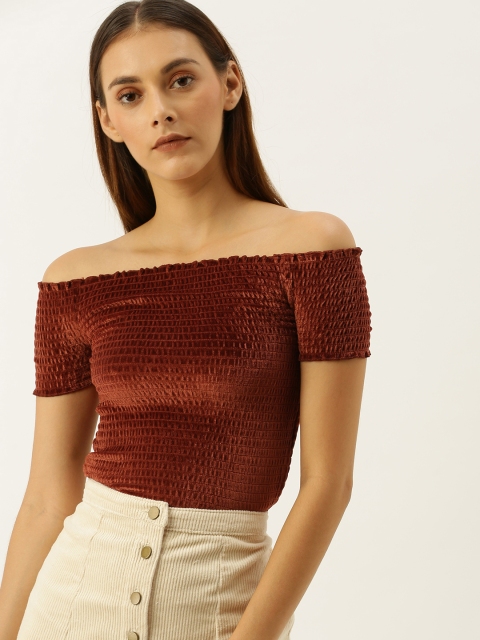 

FOREVER 21 Women Maroon Solid Velvet Bardot Top