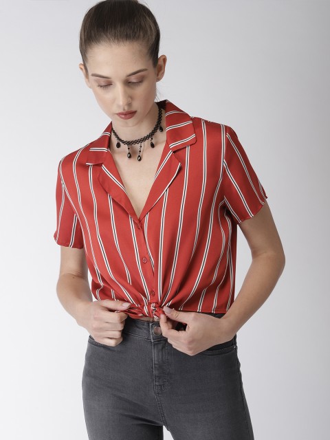 

FOREVER 21 Women Rust Red & White Regular Fit Striped Casual Shirt