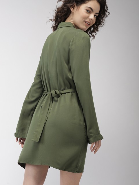 

FOREVER 21 Women Olive Green Solid Shirt Dress