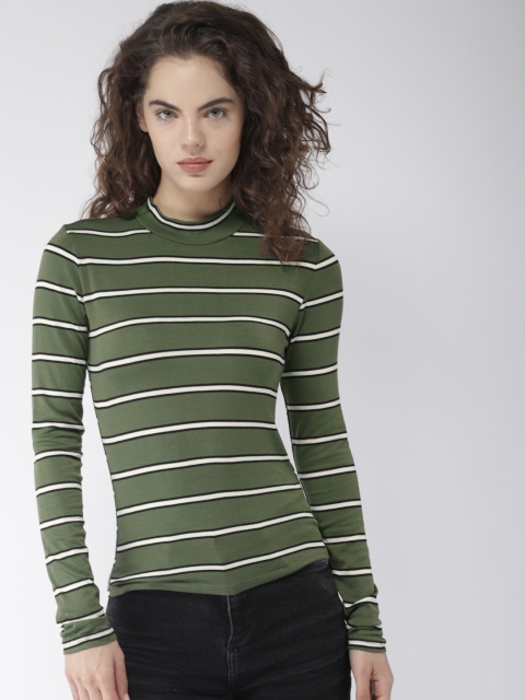 

FOREVER 21 Women Olive Green & White Striped Round Neck T-shirt