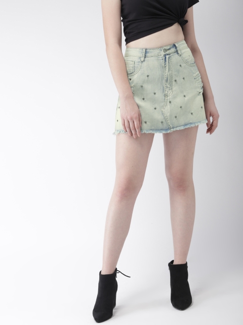 

FOREVER 21 Woman Blue Washed Denim Distressed Embellished A-Line Mini Skirt