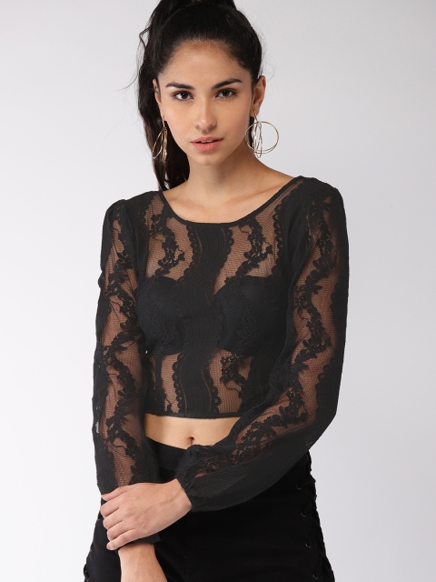 

FOREVER 21 Women Black Self Design Cropped Lace Top