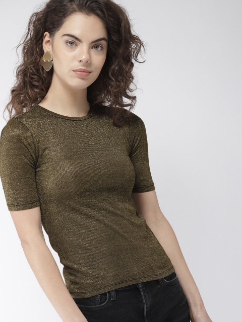 

FOREVER 21 Women Olive Green & Gold- toned Solid Sheen Top