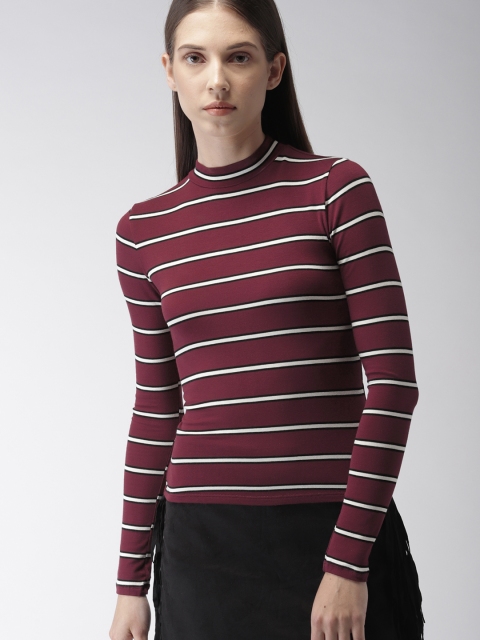 

FOREVER 21 Women Burgundy Striped High Neck T-shirt